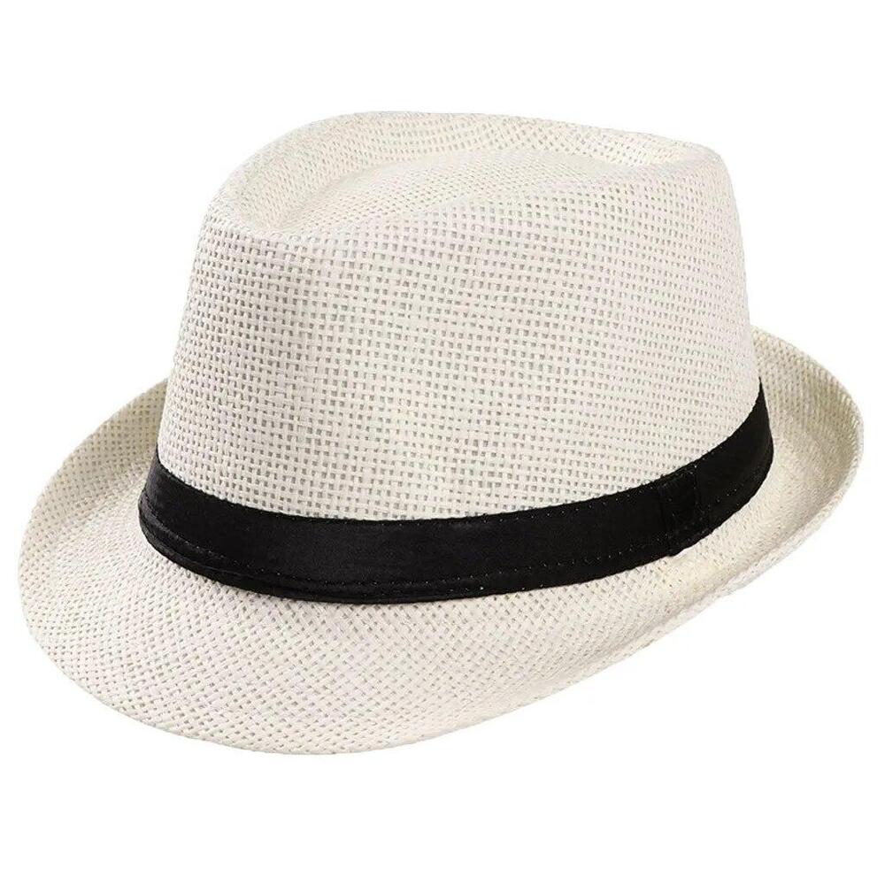 Unisex Straw Fedora Panama Hat Summer Sun Short Brim Floral Trilby Cuban Cap Hat