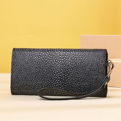 Real Leather Women's Clutch Bag, Desinger Pearl Fish Skin Pattern Long Wallets