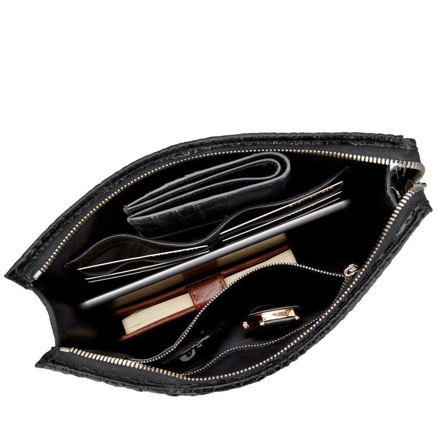Black Real Crocodile Skin Leather Men Business Clutch Wallet Zipper Envelope Bag