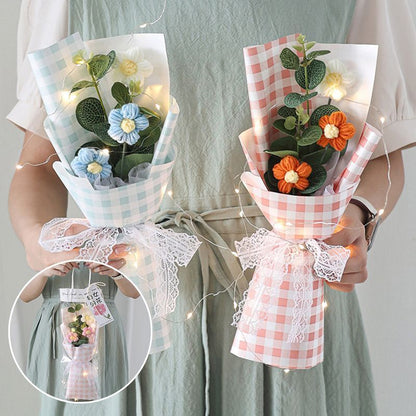 Crochet Flowers Bouquet Milk Cotton Hand-Knitted LED Light Gift Bag Floral Decor