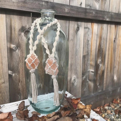 Macrame Wall Hanging Himalayan Salt Rock Raw Rose Quartz Stone Car Home Ornament