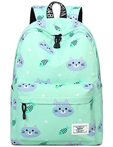 mygreen Bookbags for 14 inch Laptop, Green, Cat and Fish, 14 Inch Laptop