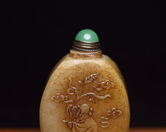 Vintage Chinese Hetian Jade Snuff Bottle Carving Children Statue Snuff Box Gift