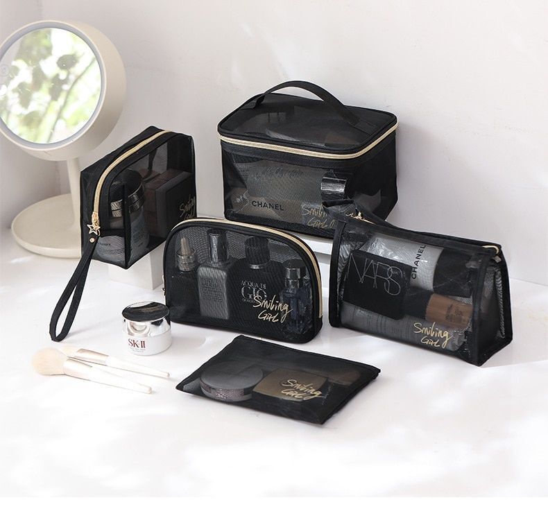 Black Mesh Cosmetic Bags Transparent Traveling Brushes Organizer Case Toiletry