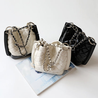 Small Quilted Real Leather Bucket Shoulder Bag Tote Purse Handbag Fashion Chains