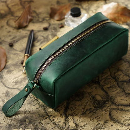 Handmade Cowhide Leather Pen Pouch Zipper Pencil Case Stationery Storage Pen Bag
