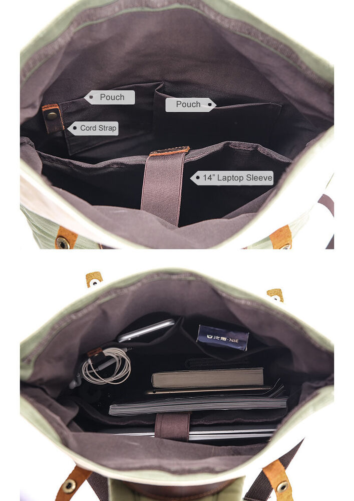 Water Resisant Vintage Waxed Canvas Backpack Fold-Over Satchel 14" Laptop Bag