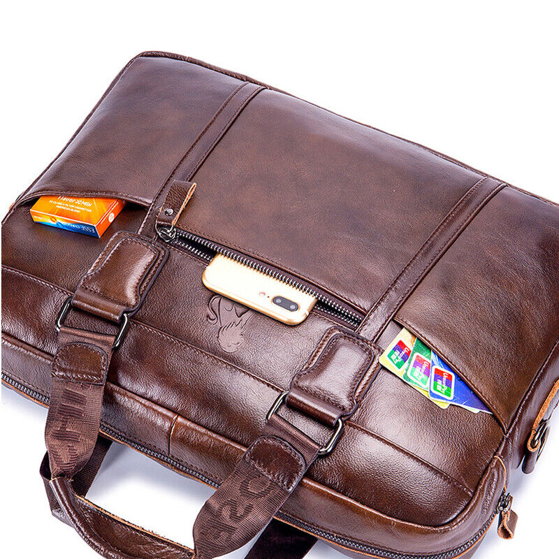 100% Genuine Leather Men's Handbags Shoulder bag 14" Laptop Business Briefcase