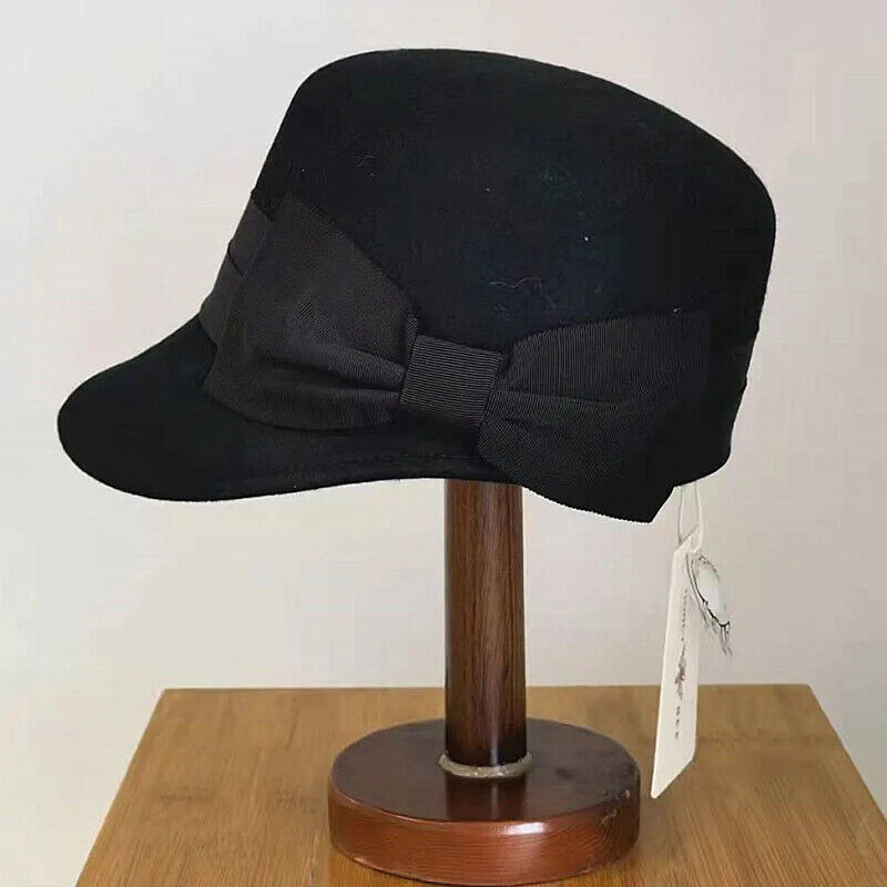 Women Military Caps Winter Wool Fashion Warm Hat W/ Visor Big Bow Snow Ski Beret