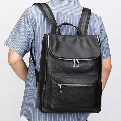 Top Cow Leather Black Men's bag, Soft Leather Large Capacity Backpack Travel Bag