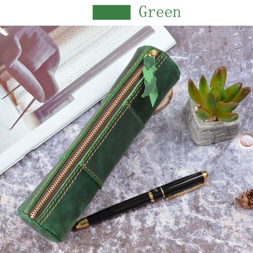 Handmade Cowhide Leather Pen Pouch Zipper Pencil Case Stationery Storage Bag