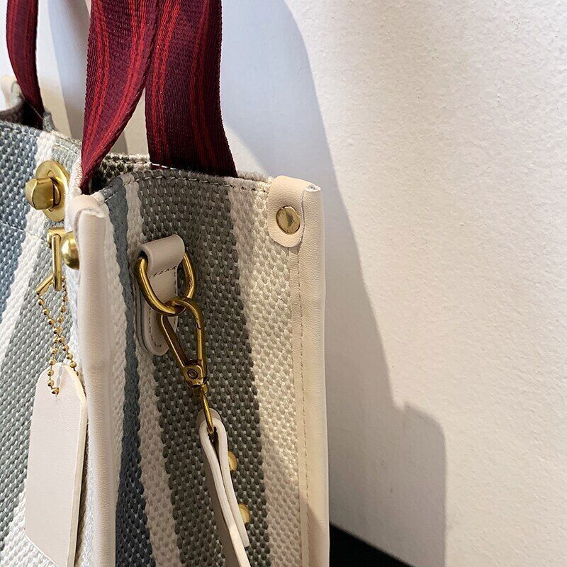 Tote Bag Stripe Canvas Handbag Women Wide Shoulder Bag Female Shoulder Bag