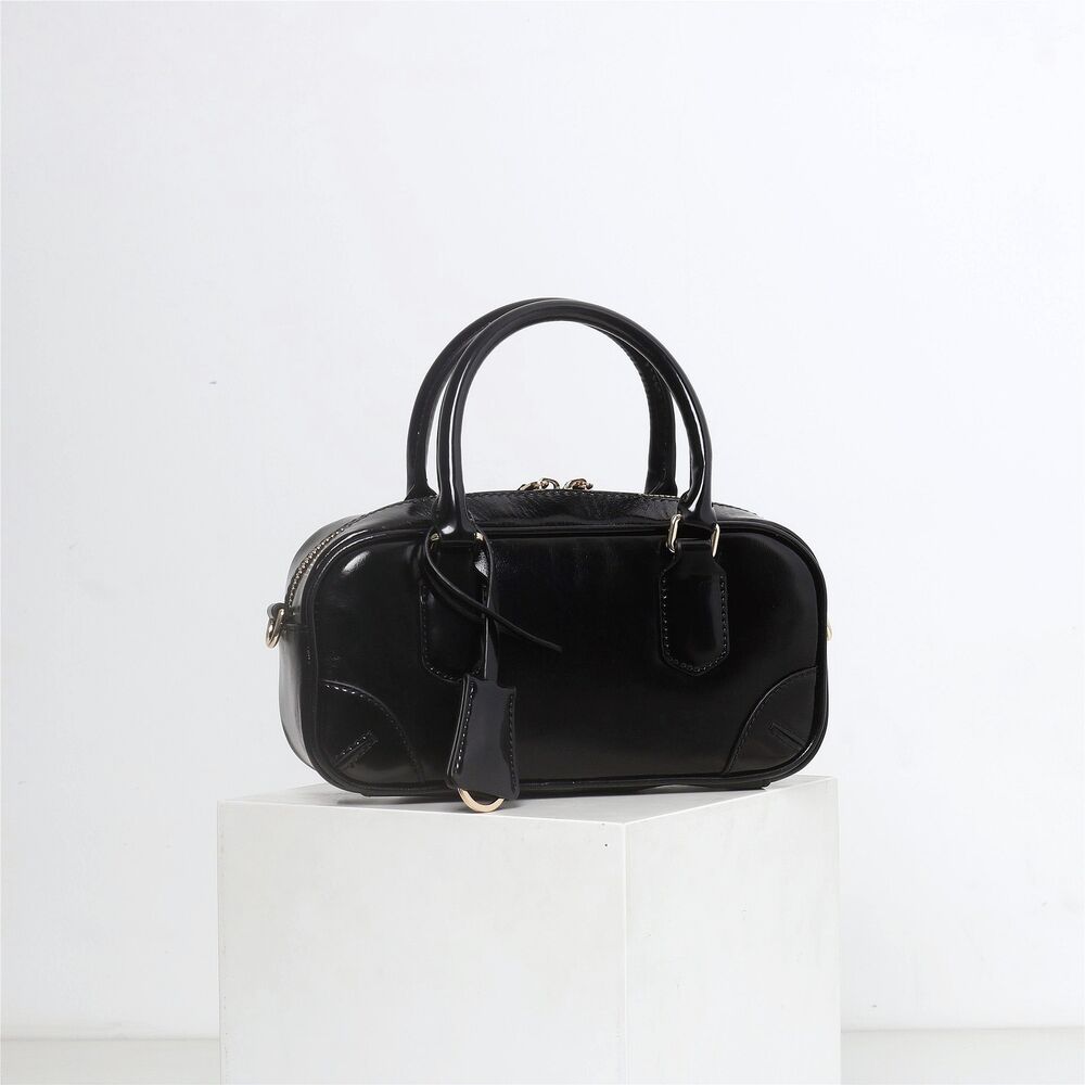 Small Glossy Real Leather Tote Boston Bowling Handbag Fashion Shoulder Bag Purse