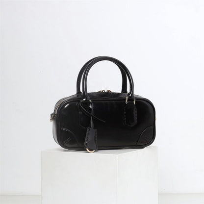 Small Glossy Real Leather Tote Boston Bowling Handbag Fashion Shoulder Bag Purse