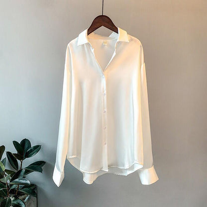 Color Ladies Baggy Solid Button-up Work Tops Blouse Women Long Sleeve Satin Silk
