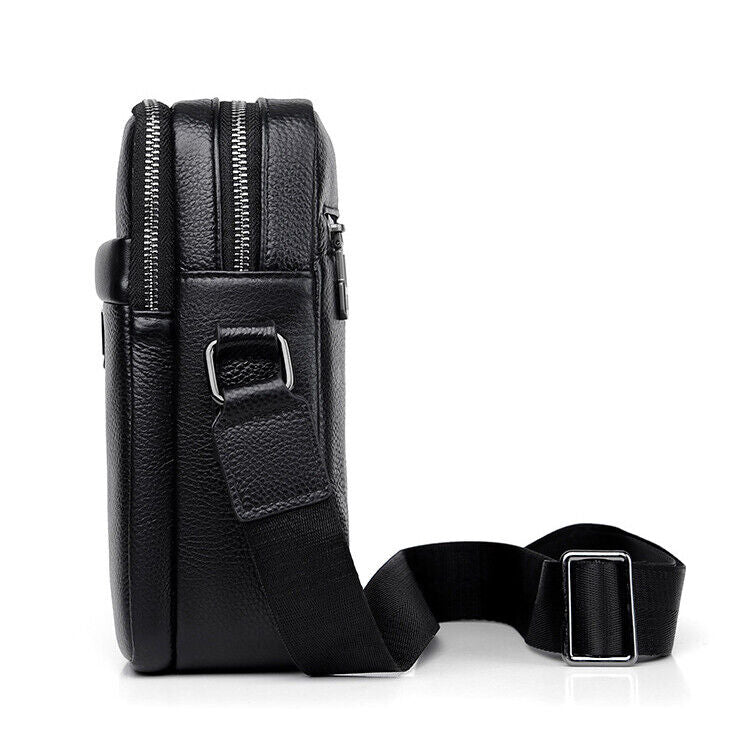 100% Genuine Leather Men's Double Zipper Sling Shoulder Messenger Bag Crossbody