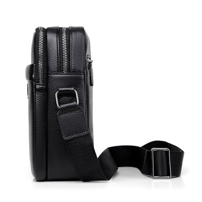 100% Genuine Leather Men's Double Zipper Sling Shoulder Messenger Bag Crossbody