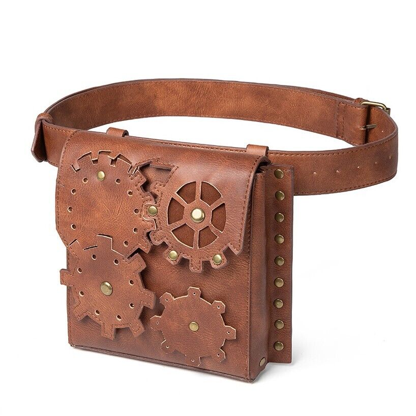 Women's Brown Leather Punk Rock Motorcycle Bag Waist Fanny Pack Crossbody Bags