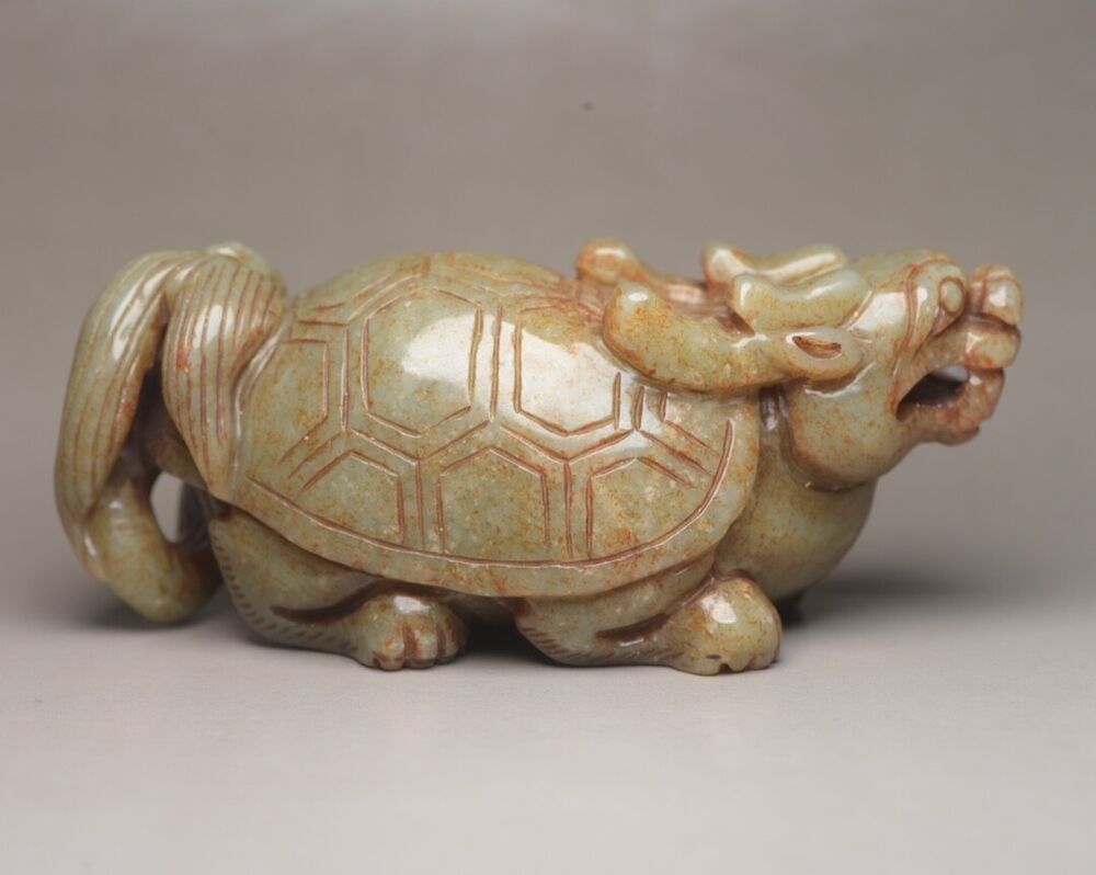 Antique Chinese Old Hetian Jade Carved Nice Dragon Turtle Statue Decor Figurine