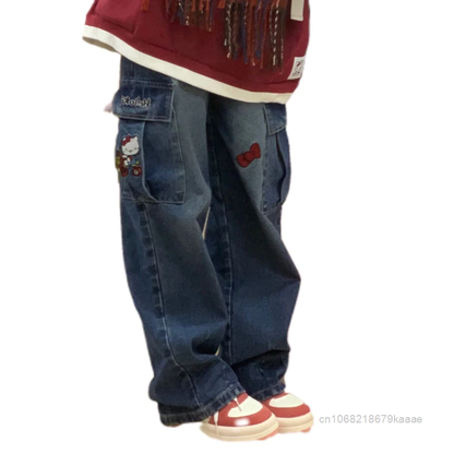 Hello Kitty Y2K Wide Leg Jeans Embroidered Workwear Wide Leg Pants