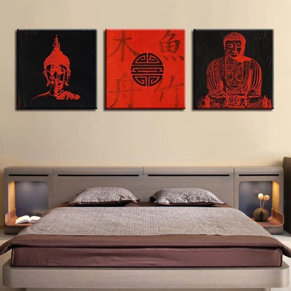 Buddha Black Red 3 Piece Canvas Print Wall Art Poster Home Decoration