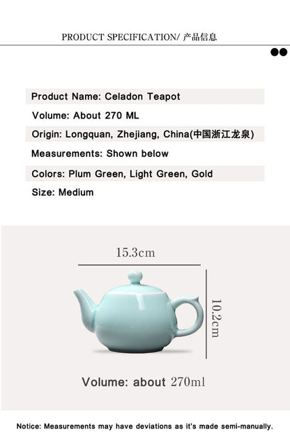 Celadon Teapot,jade Green Porcelain Small Teapot 3 Optional Colors 龙泉青瓷茶壶(弟窑)