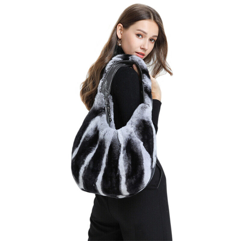 Fashion Womens Hobo Bags Full-pelt Rex Rabbit Fur Tote Bags Casual Shoulder Bags