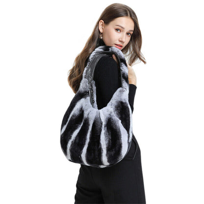 Fashion Womens Hobo Bags Full-pelt Rex Rabbit Fur Tote Bags Casual Shoulder Bags