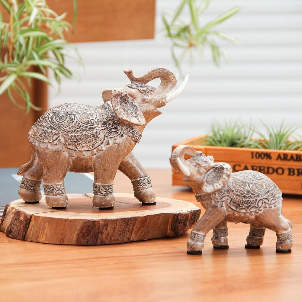 Elephant with Trunks up Statues Bookshelf Tabletop Home Decoration Gift Set of 2