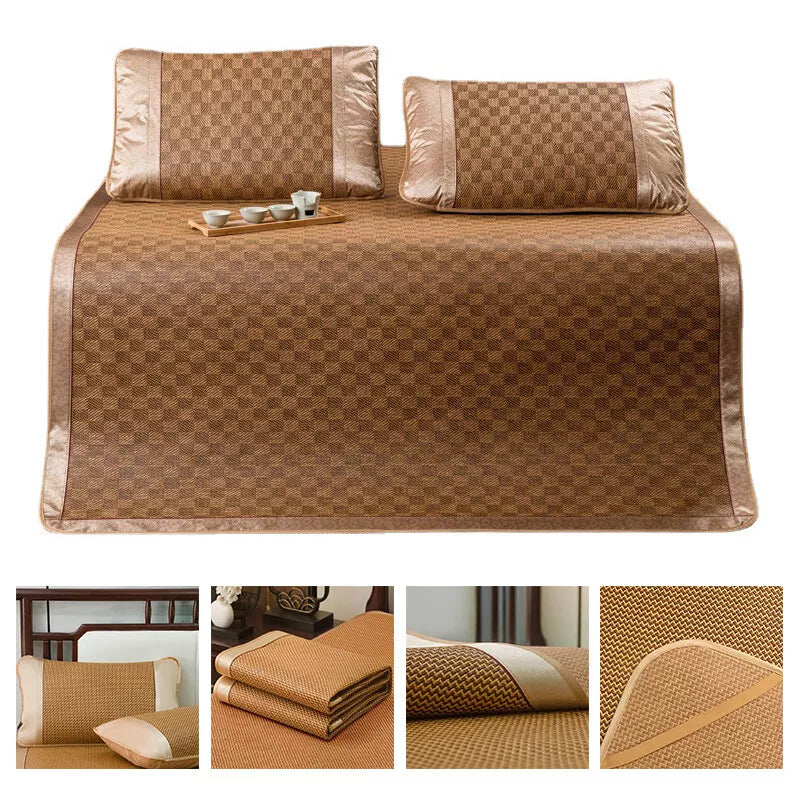 Summer Sleeping Rattan Bed Mat Foldable Nature Bamboo Cool Bed Mat +Pillowcase