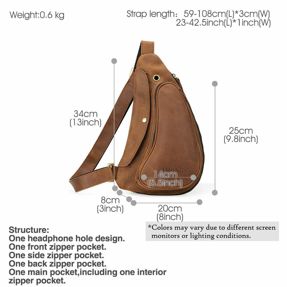Man's Brown Real Leather Messenger Sling Chest Bag Sports Pouch Pack Cross Body