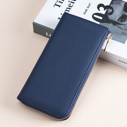 Togo Leather Women's Long Wallet, RFID Blocking Card Holder Zipper Clurch bag