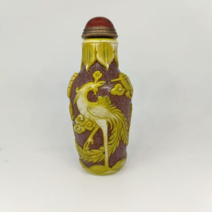 Fine yellow Glass Lucky Snuff Bottle carved phoenix statue flower colored glaze