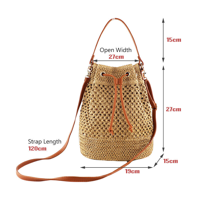 Lady Hand Woven Straw Bag Bucket Bag Beach Bag Shoulder Bag Crossbody Drawstring