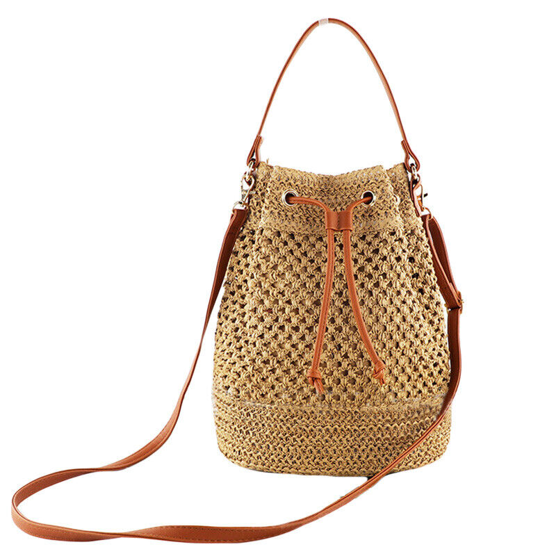 Lady Hand Woven Straw Bag Bucket Bag Beach Bag Shoulder Bag Crossbody Drawstring