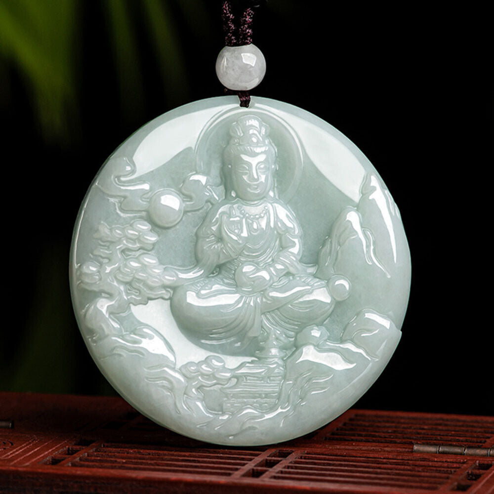 New Natural 100% Jade Grade A Jadeite Lucky Mountain Guanyin Buddha Pendant