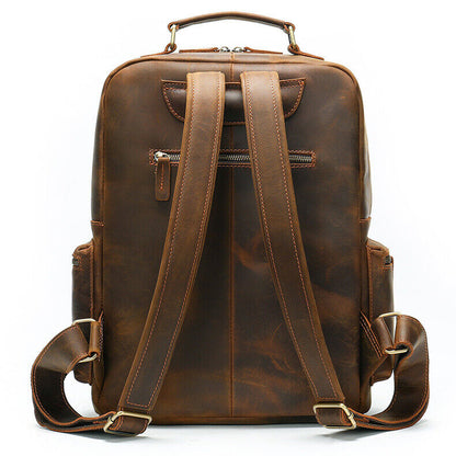 Crazy Horse Leather Men's Retro Backpack LargeTravel Rucksack Daypack School Bag