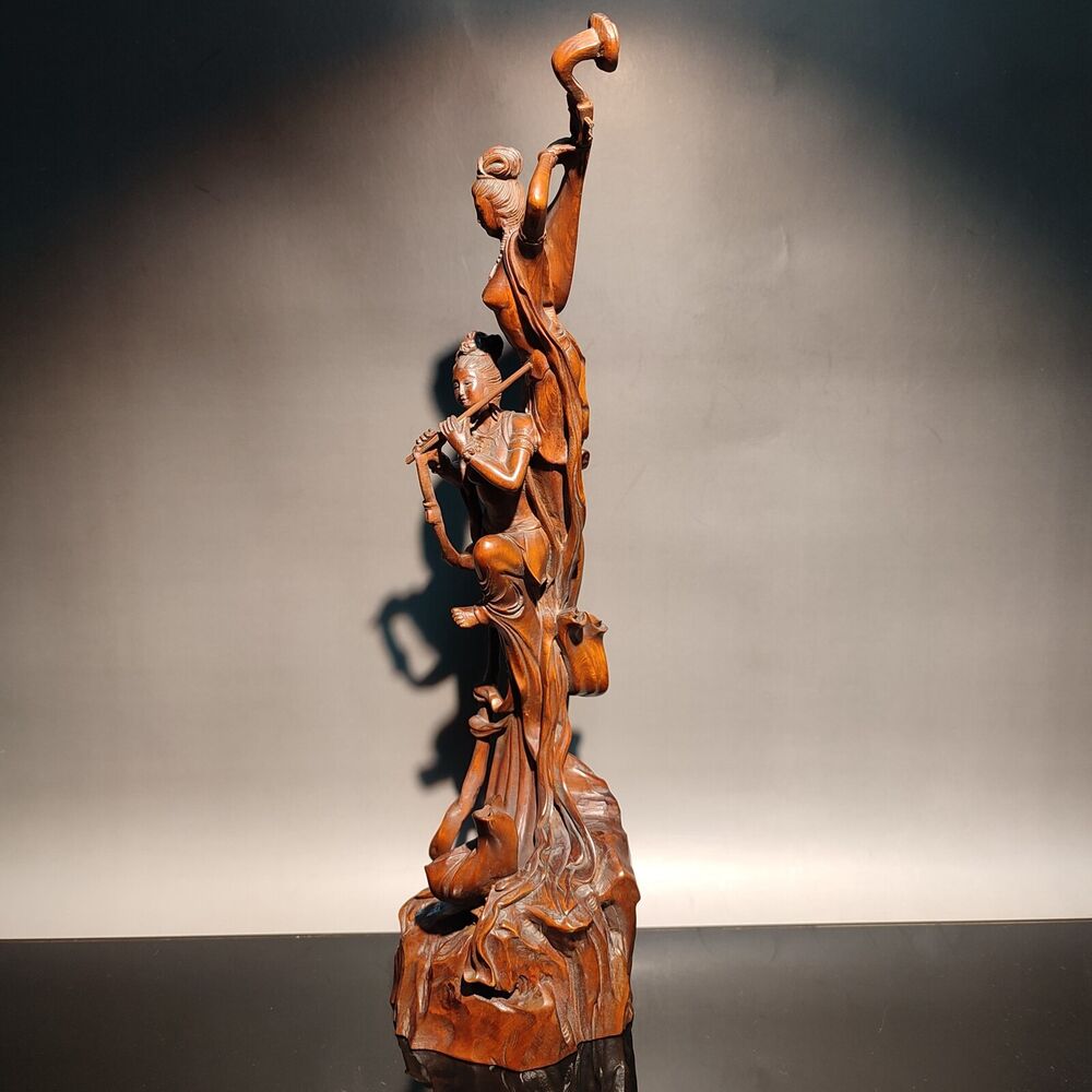 12" vintage wooden ornaments wood carving figure indian statue woman Music dance