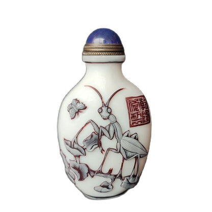 Chinese Glass Snuff Bottle Box Statue Carving Cricket Sculpture Melon Fruit Art