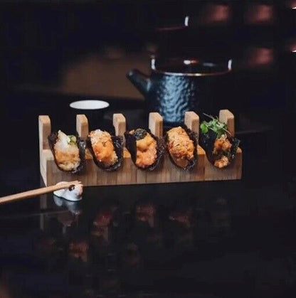 Japanese Sushi Rack Wooden Taco Snack Tray Food Holder Plate Cuisine Stand Decor