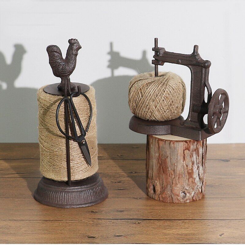 Animal Statue Cast Iron Antique Rustic Big Rooster Hemp Rope Roll Scissor Holder