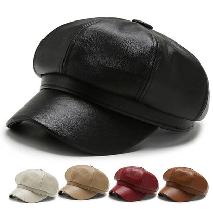 Womens Octagonal Cap PU Leather Cap Duck Tongue Cap Beret Fashion Winter Hat