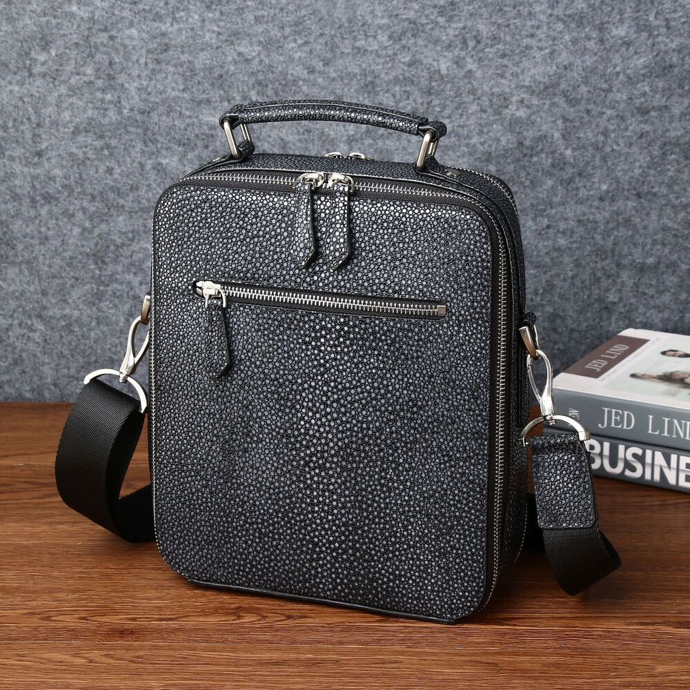 Black 100% Real Leather Shoulder Bag, Designer Pearl Fish Men's Business Handbag