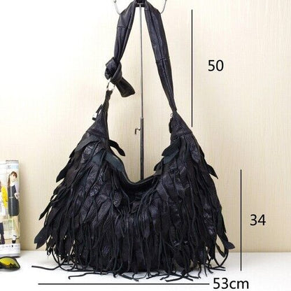100% Genuine Leather Desinger Tassel Handbag Women's Black Tote Shoulder Bag
