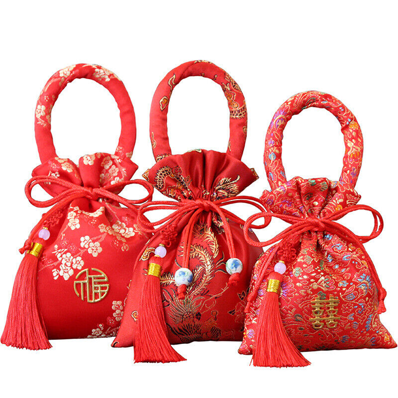 14x11cm Portable Brocade Wedding Candy Bag Package Bag Drawstring Red Candy BN8