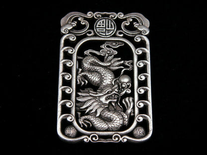 Tibetan Silver Highly Detail Crafted Pendant Zodiac Dragon w/ Bats Blessing FU