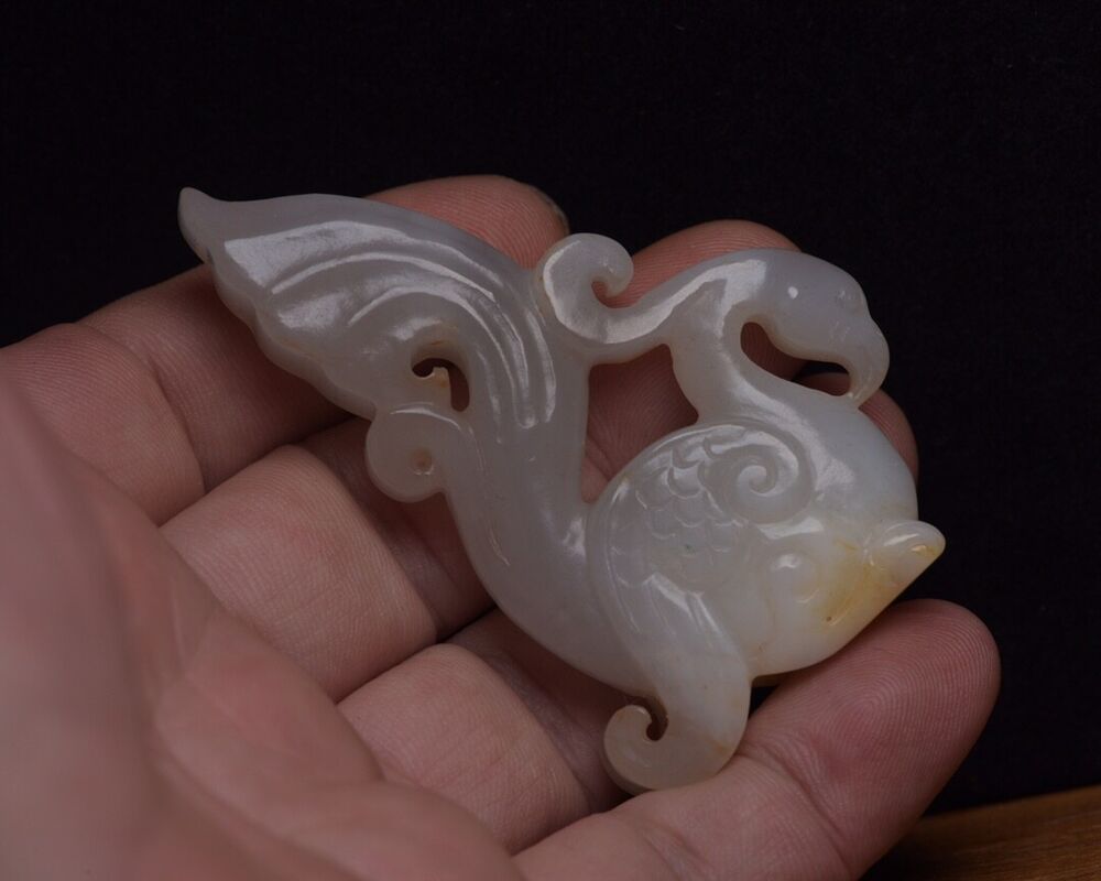 Antique Chinese Hetian Jade Hand Carved Phoenix Bird Statue Figurines Collection