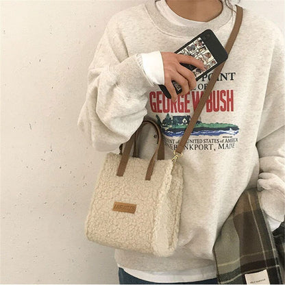Women Winter Shoulder Bag Lamb Wool Autumn Cross-body Beige Khaki Girls