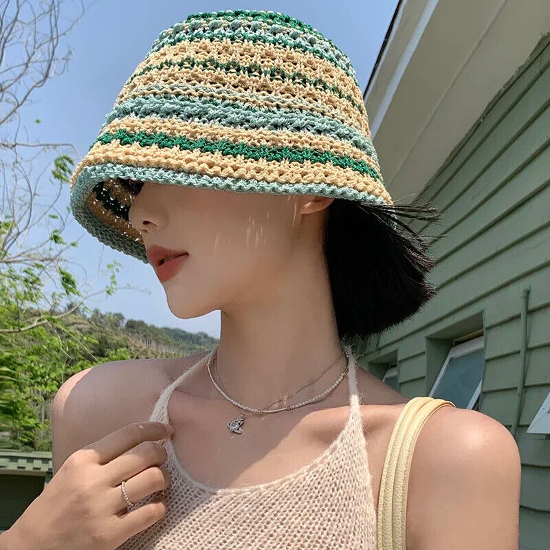 Women Bucket Hats Color Woven Summer Japanese Show Face Beach Sun Caps Sunshades
