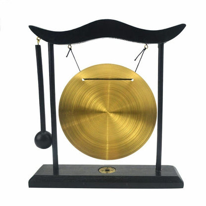 Feng Shui Brass Gongs Desktop Zen Art Fortune Decor Wooden Stands 8x7.5x2 Inch